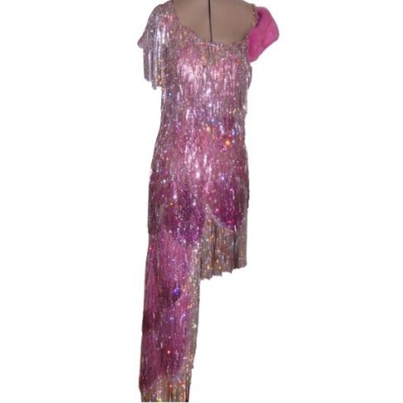 Glamorous Couture Swarovski Crystals Luxurious Fringes Mink Fur Wrap Dress Gown - Picture 3 of 15